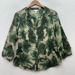 Charter Club Women’s 10 Button Up Green 3/4 Sleeve Blouse